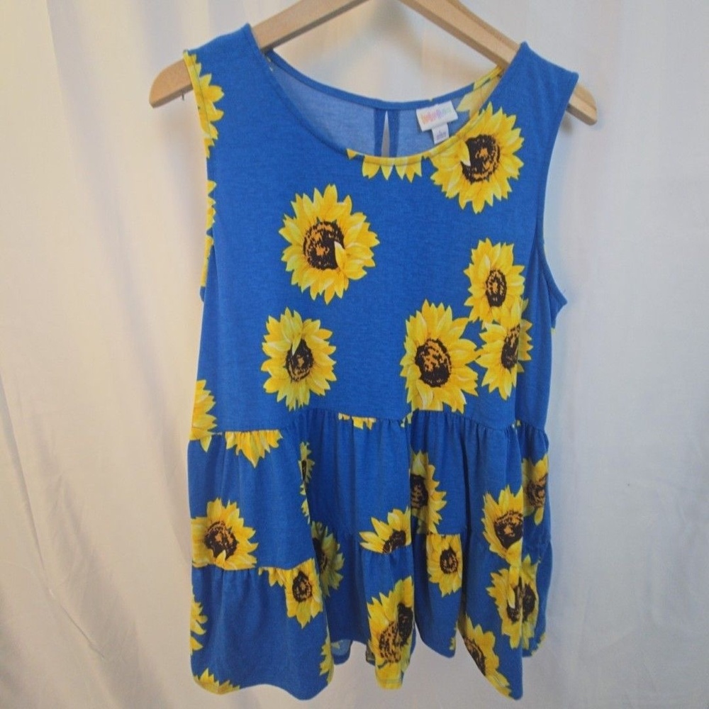 LuLaRoe Tank Top Womens Large Blue Sunflower Floral Scoop Neck Tunic Ruffle